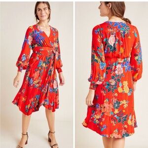 Anthropologie Boswell Wrap Mini Dress Red Floral Size 0 Feminine Flirty
